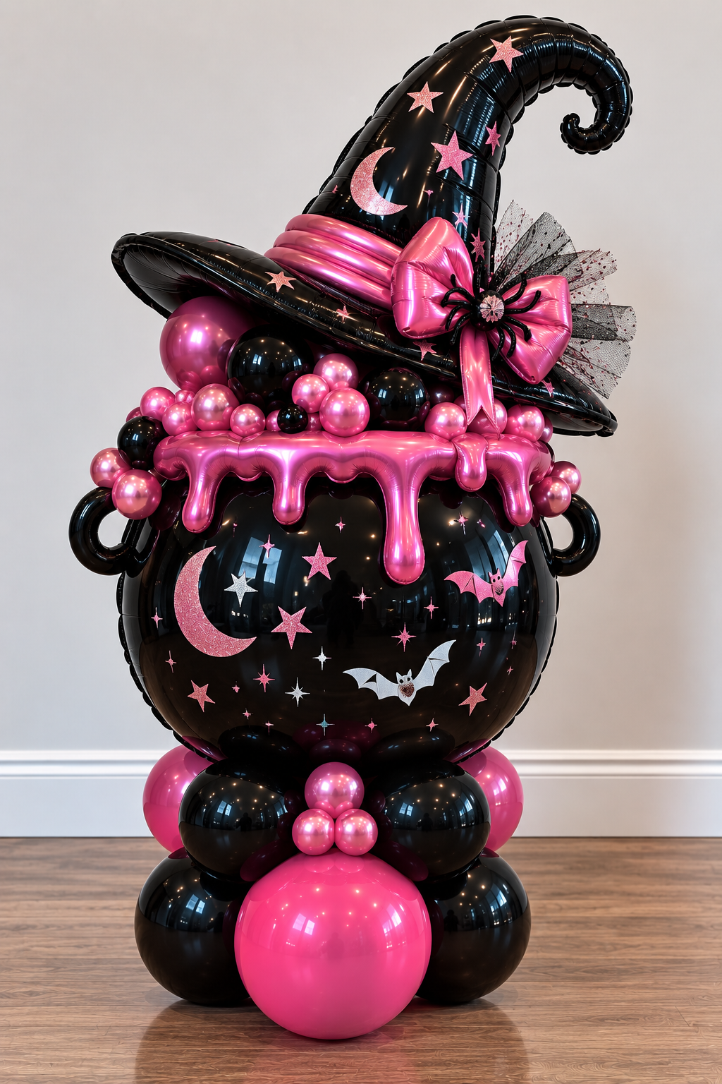 Pink & Black Balloon Stack with  Pop Me Design Cauldron